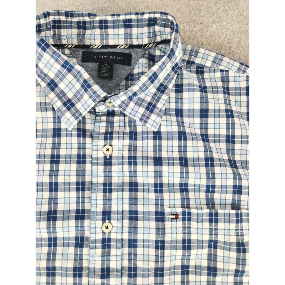 Tommy Hilfiger Short Sleeve Button Down Shirt Plaid Striped Blue Eyes Pop Men XL